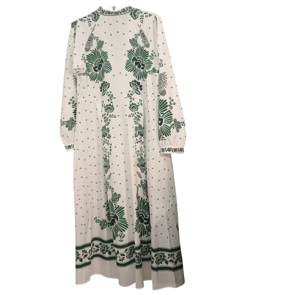 Boho Floral Tropical Maxi Kaftan Dress Long Sleeves White & Green Size Large - Picture 3 of 6